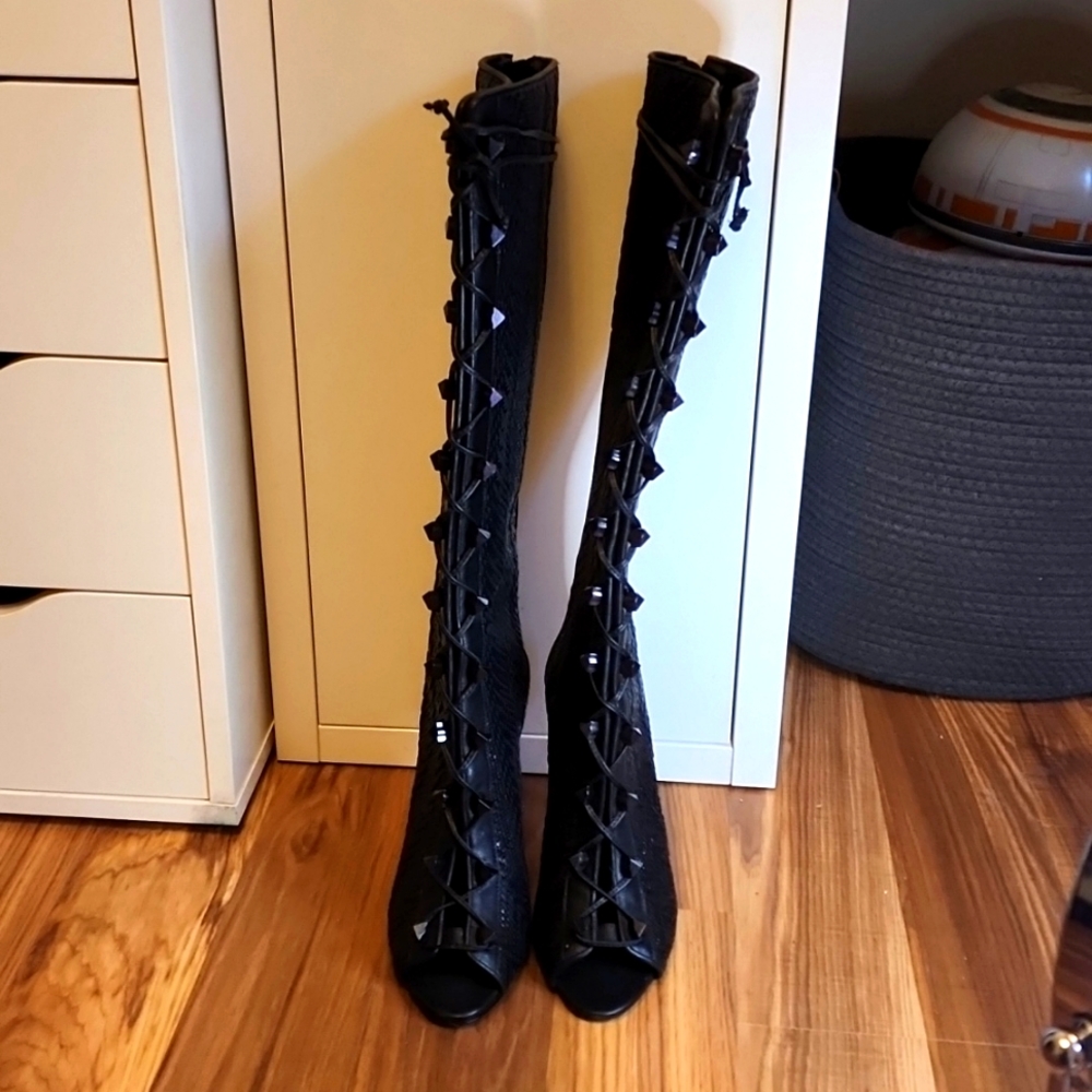 Schutz Black Woven lace up open toe boots
